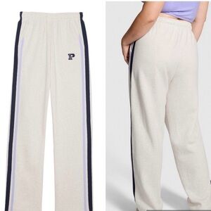 PINK Victoria's Secret Cream Straight-Leg Track Pants with Purple & Navy Stripes